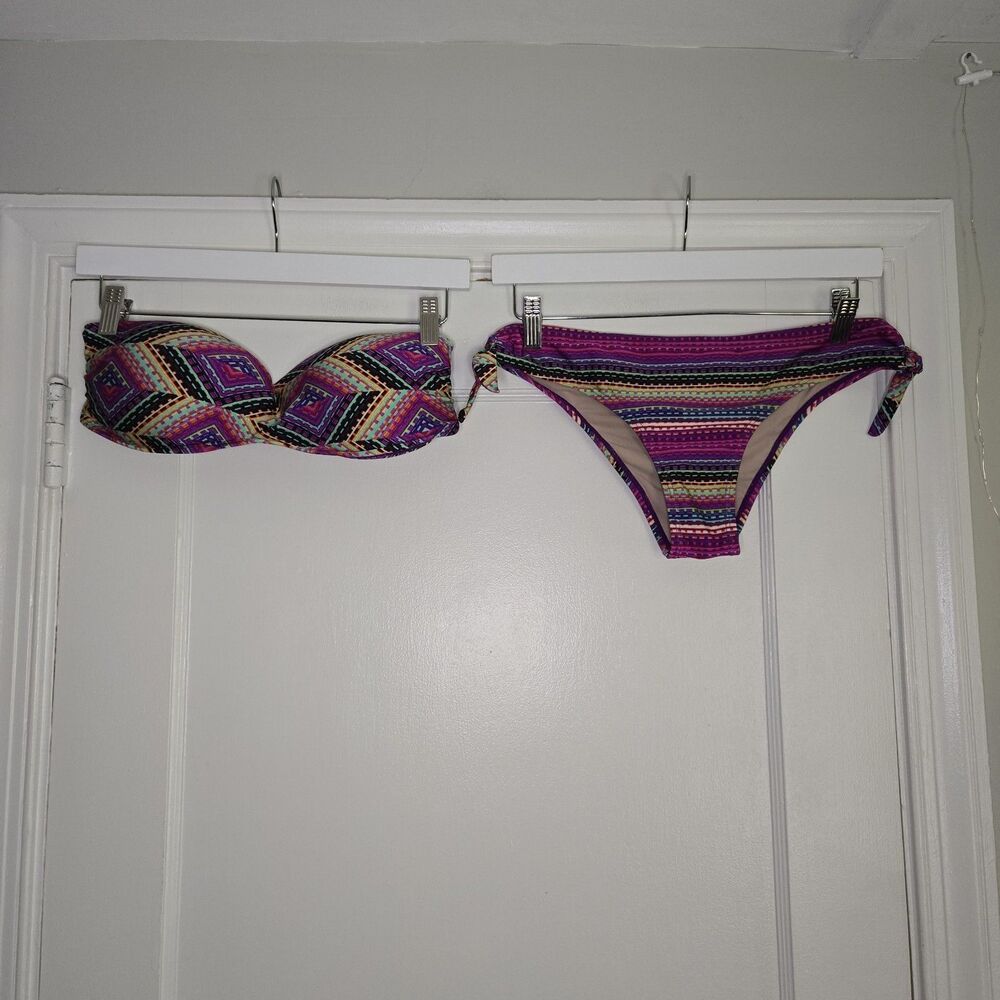 Geometric Bandeau Bikini Set Purple Strapless Side Tie Womens 3